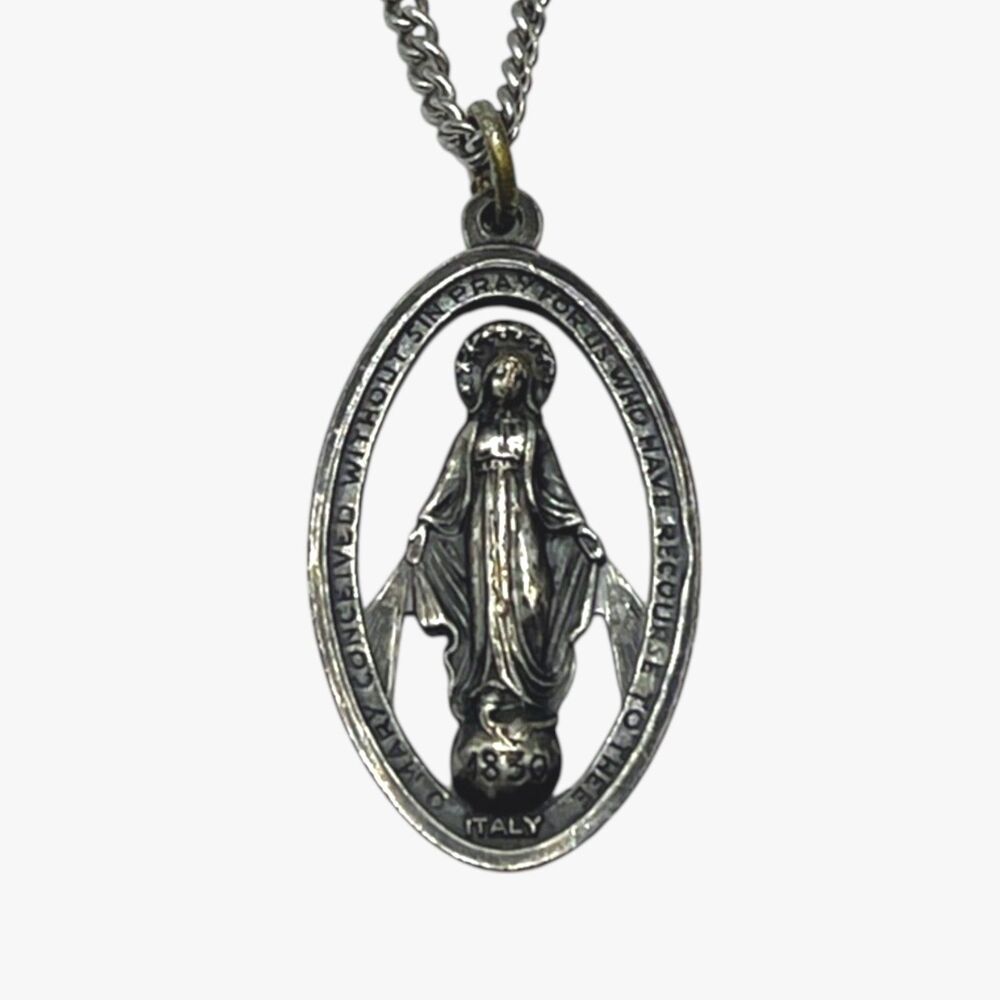 Vintage Miraculous Medal Pendant Necklace Virgin Mary Silver Tone Italy Openwork